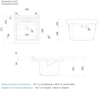 Negrari Magica Arredo Lavatoio Misura 45x50 L45 P50 H85 CM Bianco Lavapanni Interno Bagno Lavanderia Base Mobile Nobilitato Idrofugo Legno Vasca Lavabo Lavandino Lavello Resina Plastica Asse Pino Verniciato Sifone Piedi Anta Sportello Arrotondato Battente