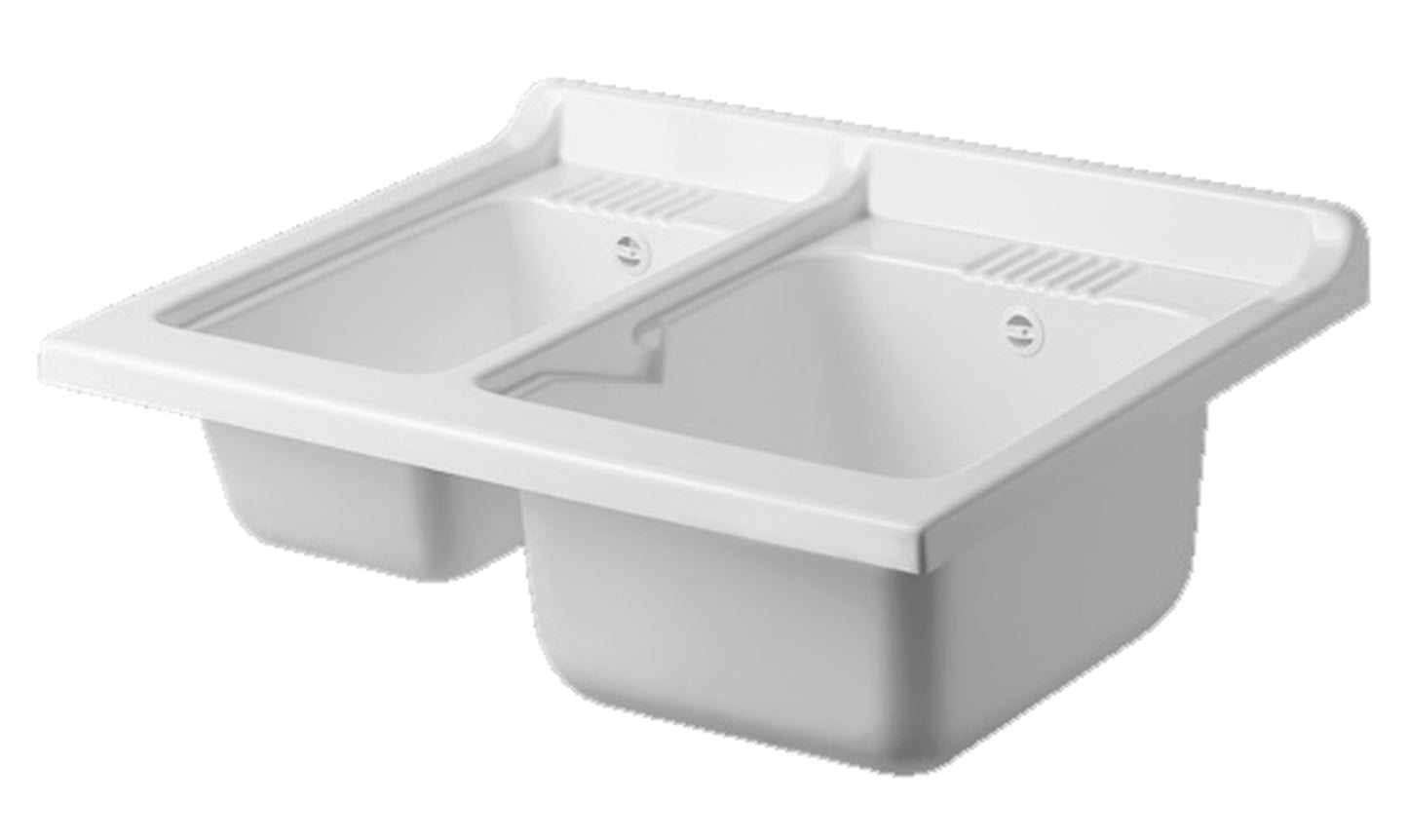 Negrari Classica Lavatoio Montato 75x60 L75 P60 H85cm Bianco Base Mobile Nobilitato Idrofugo 2 Vasche Polipropilene Termoformatura Asse Pino Verniciato Piedini Regolabili Cerniere Ante Chiusura Rallentata Sportelli Arrotondati Maniglie Piedini Cromati