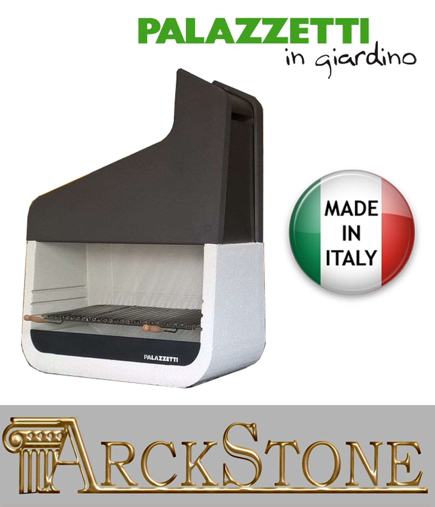 Barbecue Palazzetti in Giardino UP Versione Senza Portalegna Legna Carbonelle Carboni Sistema Fast Fire Box Cassetto Cenere Focolare Marmotech Bianco Pittura Quarzo Cappa Nero Aria Acciaio Inox Griglia Cottura 109x50x138H CM Incluso di Kit di Montaggio