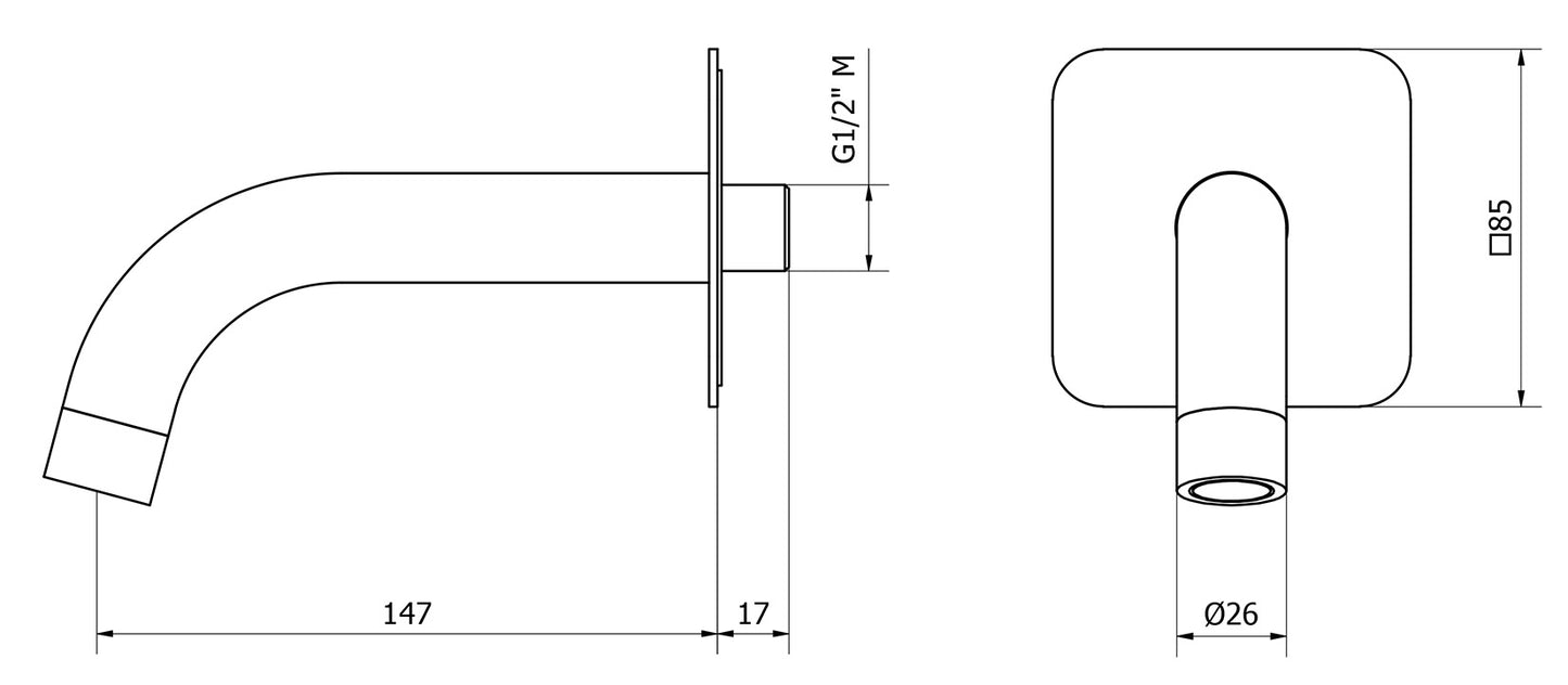 We Are Ib Rubinetti Batlò MT320CC_22 Bocca a Muro Lunghezza 147 mm Con Piastra Quadrata Getto Erogazione Uscita Acqua Installazione Parete Materiale Ottone Finitura Cromata Stile Moderno Monoforo
