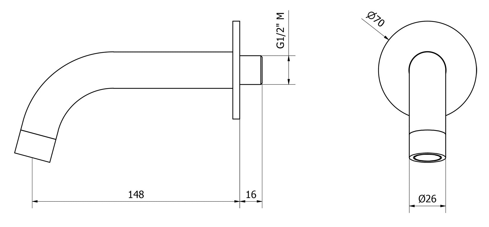 We Are Ib Rubinetti Batlò MT320CC_23 Bocca a Muro Lunghezza 148 mm Con Piastra Ad Anello Tondo Getto Erogazione Uscita Acqua Installazione Parete Materiale Ottone Finitura Cromata Stile Moderno Monoforo