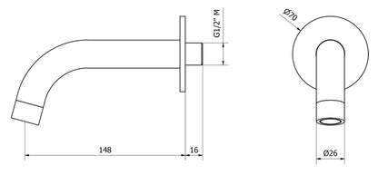 We Are Ib Rubinetti Batlò MT320CC_23 Bocca a Muro Lunghezza 148 mm Con Piastra Ad Anello Tondo Getto Erogazione Uscita Acqua Installazione Parete Materiale Ottone Finitura Cromata Stile Moderno Monoforo
