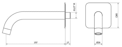 We Are Ib Rubinetti Batlò MT322CC_22 Bocca a Muro Lunghezza 197 mm Con Piastra Quadrata Getto Erogazione Uscita Acqua Installazione Parete Materiale Ottone Finitura Cromata Stile Moderno Monoforo