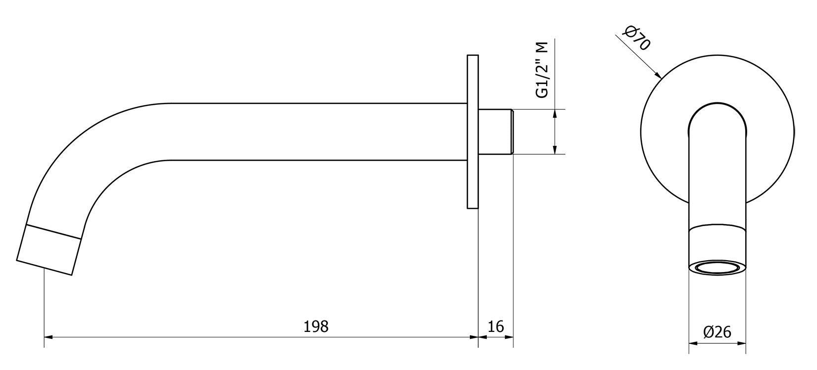 We Are Ib Rubinetti Batlò MT322CC_23 Bocca a Muro Lunghezza 198 mm Con Piastra Ad Anello Tondo Getto Erogazione Uscita Acqua Installazione Parete Materiale Ottone Finitura Cromata Stile Moderno Monoforo