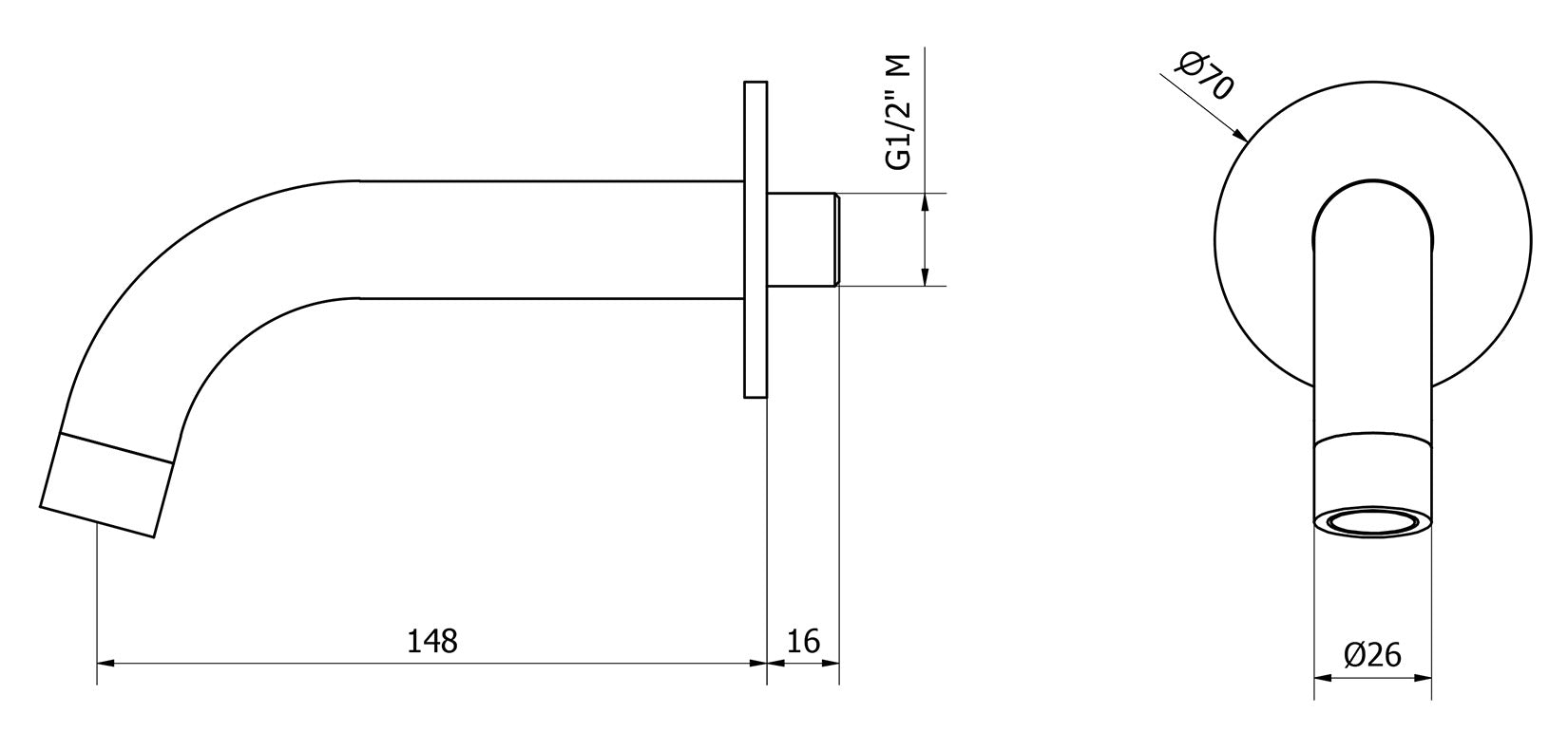 We Are Ib Rubinetti Batlò MT327CC_23 Bocca a Muro Per Vasca Lunghezza 148 mm Con Piastra Ad Anello Tondo Getto Erogazione Uscita Acqua Installazione Parete Materiale Ottone Finitura Cromata Stile Moderno Monoforo