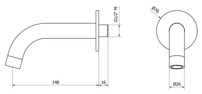 We Are Ib Rubinetti Batlò MT327CC_23 Bocca a Muro Per Vasca Lunghezza 148 mm Con Piastra Ad Anello Tondo Getto Erogazione Uscita Acqua Installazione Parete Materiale Ottone Finitura Cromata Stile Moderno Monoforo