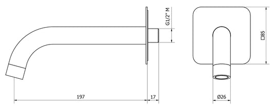 We Are Ib Rubinetti Batlò MT328CC_22 Bocca Lunga a Muro Per Vasca Lunghezza 197 mm Con Piastra Quadrata Getto Erogazione Uscita Acqua Installazione Parete Materiale Ottone Finitura Cromata Stile Moderno Monoforo