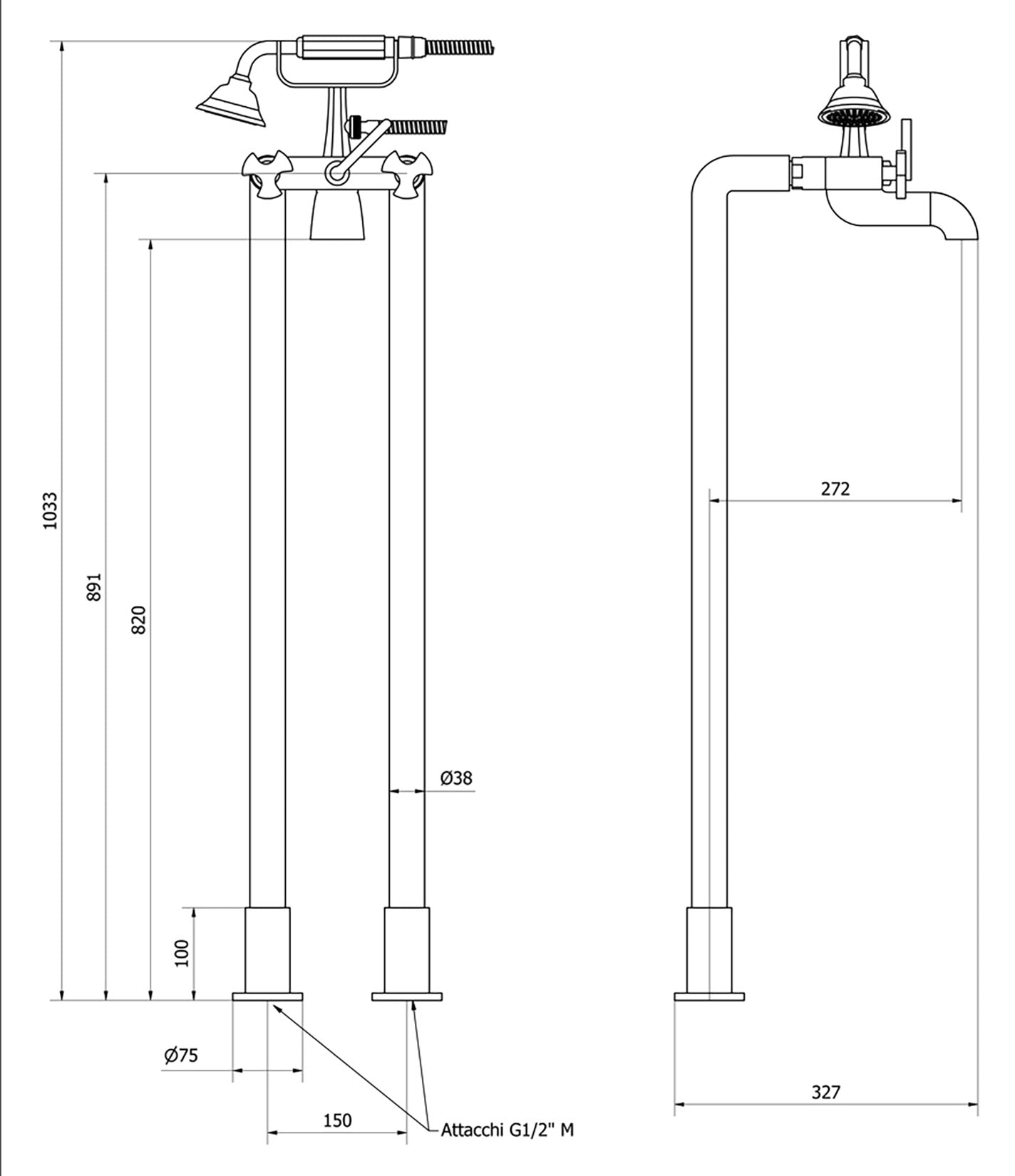 Miscelatore bordo vasca a pavimento doppia colonna completo di kit doccia marca IB rubinetti modello Belmondo rubinetteria rubinetto ottone cromato bagno Rivenditore Autorizzato Campania Arredamento Arredo Finitura Cromo Fontana qualità garanzia 10 anni