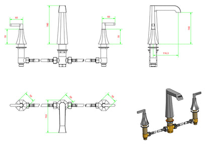 Miscelatore lavabo tre fori bocca alta completo di piletta di scarico Click-Clack marca IB rubinetti modello Belmondo Elle rubinetteria rubinetto ottone cromato bagno casa Rivenditore Autorizzato Campania Arredamento Arredo Finitura Cromo Fontana 