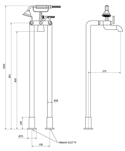Miscelatore bordo vasca a pavimento doppia colonna completo di kit doccia marca IB rubinetti modello Belmondo Elle rubinetteria rubinetto ottone cromato bagno casa Rivenditore Autorizzato Campania Arredamento Arredo Finitura Cromo azienda certificata