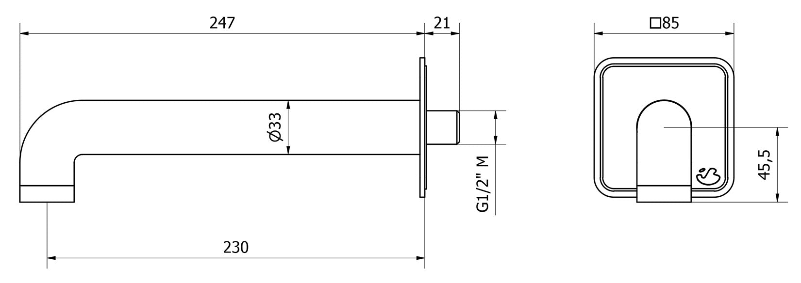 We Are Ib Rubinetti Bold Lever Flat B2320CC_22 Bocca a Muro Lunghezza 247 mm Con Piastra Quadrata Getto Erogazione Uscita Acqua Installazione Parete Materiale Ottone Finitura Cromata Stile Moderno Monoforo
