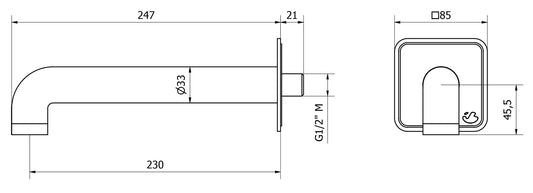 We Are Ib Rubinetti Bold Lever Flat B2327CC_22 Bocca a Muro Per Vasca Lunghezza 247 mm Con Piastra Quadrata Getto Erogazione Uscita Acqua Installazione Parete Materiale Ottone Finitura Cromata Stile Moderno Monoforo