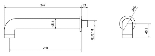 We Are Ib Rubinetti Bold Lever Flat B2327CC_23 Bocca a Muro Per Vasca Lunghezza 247 mm Con Anello Tondo Getto Erogazione Uscita Acqua Installazione Parete Materiale Ottone Finitura Cromata Stile Moderno Monoforo