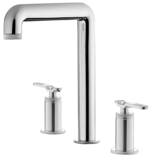 Miscelatore lavabo alto marca IB Rubinetti modello Bold Lever Flat finitura ottone cromato appoggio tre fori due leve piatte rubinetto rubinetteria cromo fontana mix acqua bagno completo piletta scarico click-clack garanzia 10 anni qualità made in italy