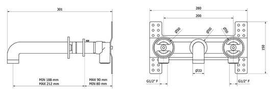 Miscelatore lavabo marca IB Rubinetti modello Bold Round finitura ottone cromato parete incasso tre fori leve tonde piletta scarico click-clack muro rubinetteria fontana rubinetto cromo mix bagno campania napoli garanzia 10 anni qualità made in italy
