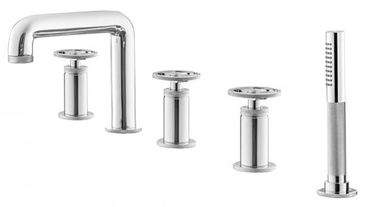 Miscelatore vasca marca IB Rubinetti modello Bold Round finitura ottone cromato appoggio cinque fori leve tonde doccetta rubinetteria rubinetto fontana mix bordo doccia arredo bagno acqua rivenditore autorizzato campania napoli garanzia 10 anni qualità