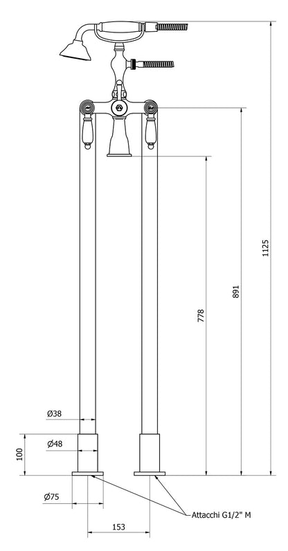We Are Ib Hermes Elle HL700CC_2 Miscelatore Vasca Da Terra a Pavimento Doppia Colonna Con Kit Doccia Ottone Cromata 2 Leve Bianche Con Deviatore Stile Classico Doccetta Flessibile