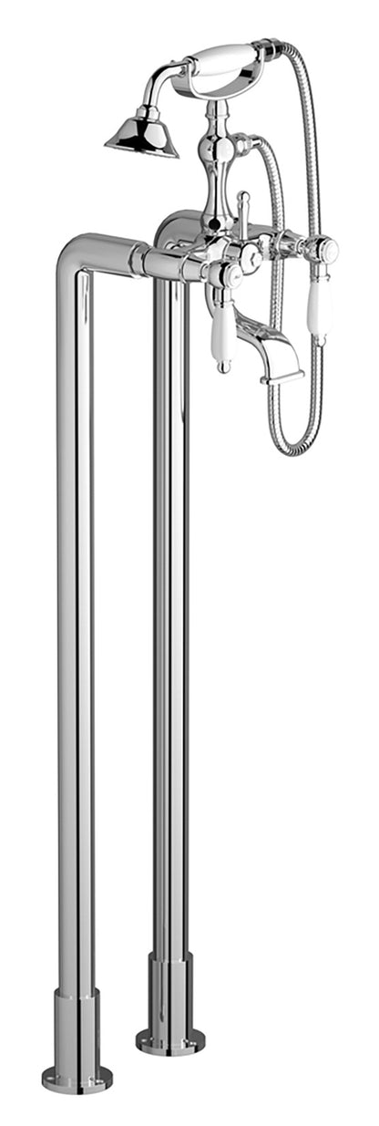 We Are Ib Hermes Elle HL700CC_2 Miscelatore Vasca Da Terra a Pavimento Doppia Colonna Con Kit Doccia Ottone Cromata 2 Leve Bianche Con Deviatore Stile Classico Doccetta Flessibile