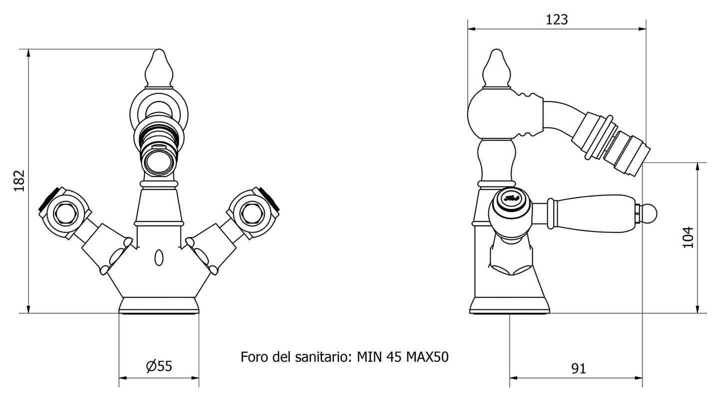 Miscelatore bidet monoforo con due leve completo di piletta di scarico Click-Clack marca IB rubinetti modello Hermes Elle rubinetteria rubinetto ottone cromato bagno casa parete muro fontana finitura cromo rivenditore autorizzato campania arredamento 