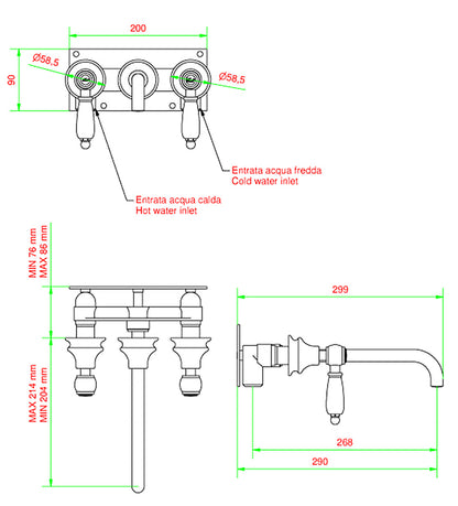Miscelatore lavabo ad incasso bocca lunga completo di piletta di scarico Click-Clack marca IB rubinetti modello Hermes Elle rubinetteria rubinetto ottone cromato bagno casa parete muro fontana finitura cromo rivenditore autorizzato campania arredamento