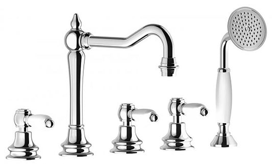 Miscelatore bordo vasca da appoggio cinque fori con kit doccia marca IB rubinetti modello Hermes Elle rubinetteria rubinetto ottone cromato bagno casa fontana finitura cromo rivenditore autorizzato campania qualità garanzia 10 anni azienda certificata 