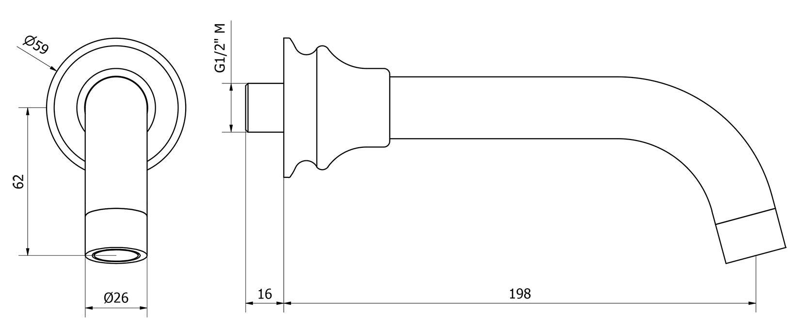 We Are Ib Rubinetti Hermes HR328CC Bocca a Muro Lunghezza 198 mm Con Anello Tondo Getto Erogazione Uscita Acqua Installazione Parete Materiale Ottone Finitura Cromata Stile Classico Monoforo