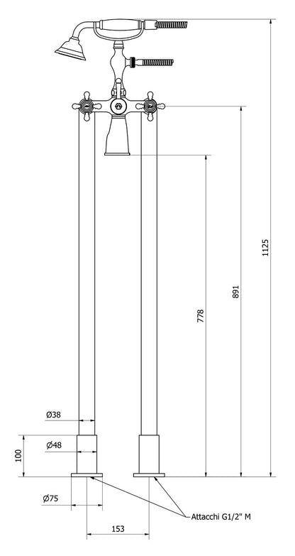 We Are Ib Hermes HR700CC Miscelatore Vasca Da Terra a Pavimento Doppia Colonna Con Kit Doccia Ottone Cromata 2 Manopole Con Deviatore Stile Classico Doccetta Flessibile