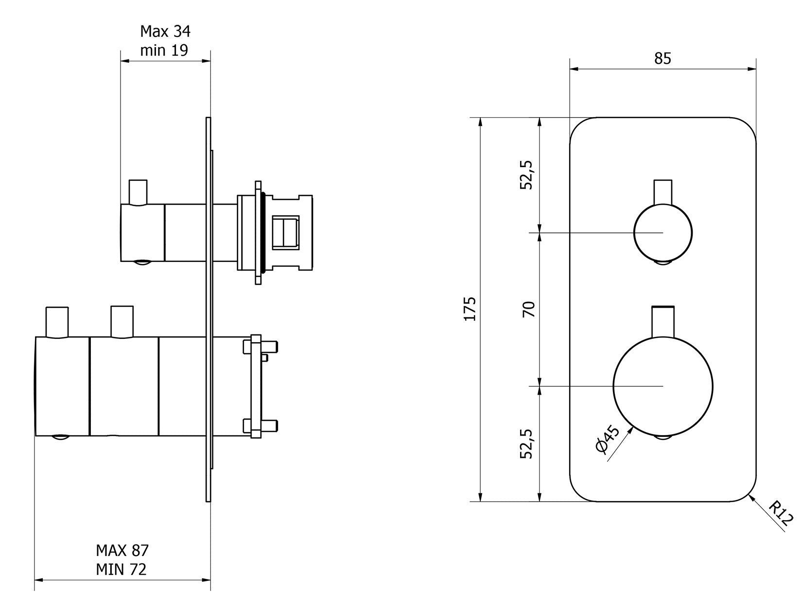 IB Rubinetti MILANOTORINO Miscelatore Doccia Valvola Termostatica Parte Esterna Corpo Incasso A Parete 2 Fori Con Deviatore Due Vie Monocomando Con Piastra Stile Moderno Materiale Ottone Finitura Cromata