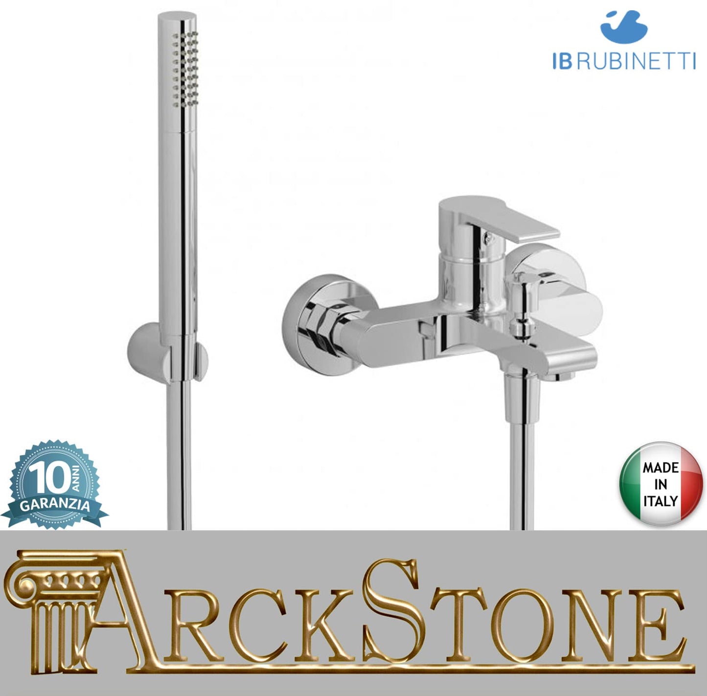 IB Rubinetti WHYNOT? Miscelatore Vasca Esterno A Parete Completo Di Kit Doccia E Doccetta 3 Fori Monocomando Senza Piastra Stile Moderno Materiale Ottone Finitura Cromata