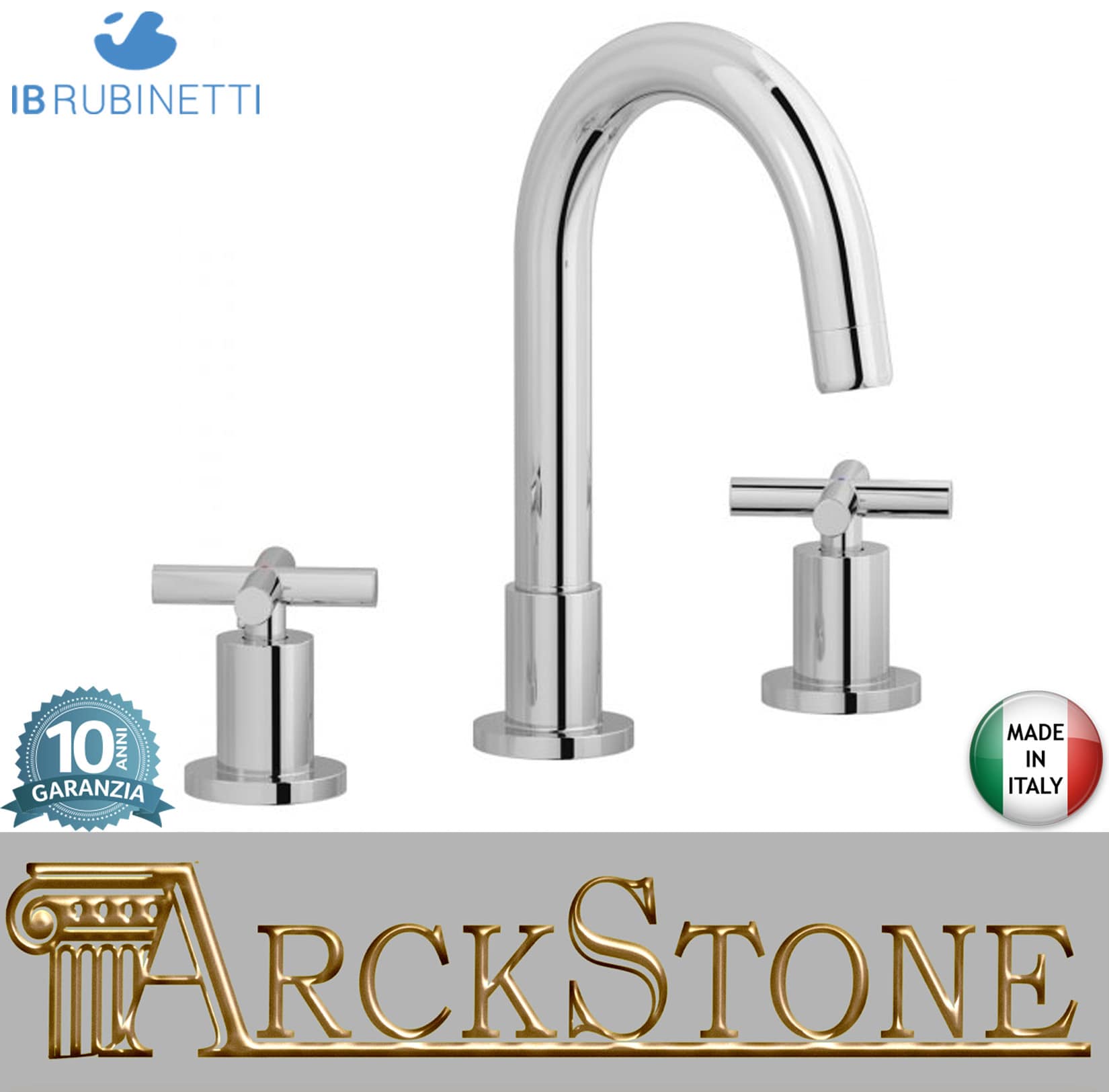 IB Rubinetti WOW Miscelatore Lavabo Bocca Alta Appoggio 3 Fori Con Piletta Di Scarico Click - Clack 2 Leve Lunghezza 236 mm Senza Piastra Stile Moderno Materiale Ottone Finitura Cromata