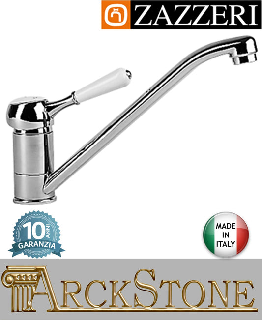 Miscelatore lavello marca Zazzeri modello 902 finitura ottone cromato collo girevole monoforo leva bianca appoggio casa arredo cucina mix fontana rubinetto rubinetteria acqua garanzia 10 anni qualità made in italy 