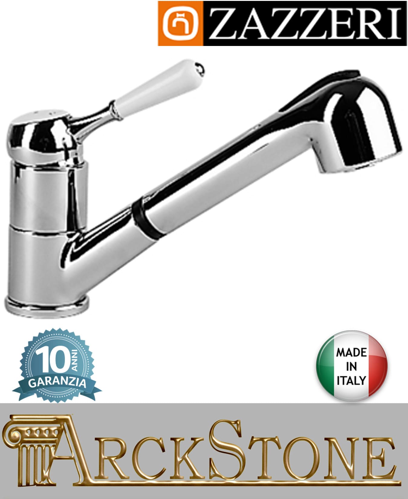 Miscelatore lavello marca Zazzeri modello 902 finitura ottone cromato collo girevole monoforo leva bianca doccetta estraibile appoggio casa arredo cucina home mix fontana rubinetto rubinetteria acqua garanzia 10 anni qualità made in italy 