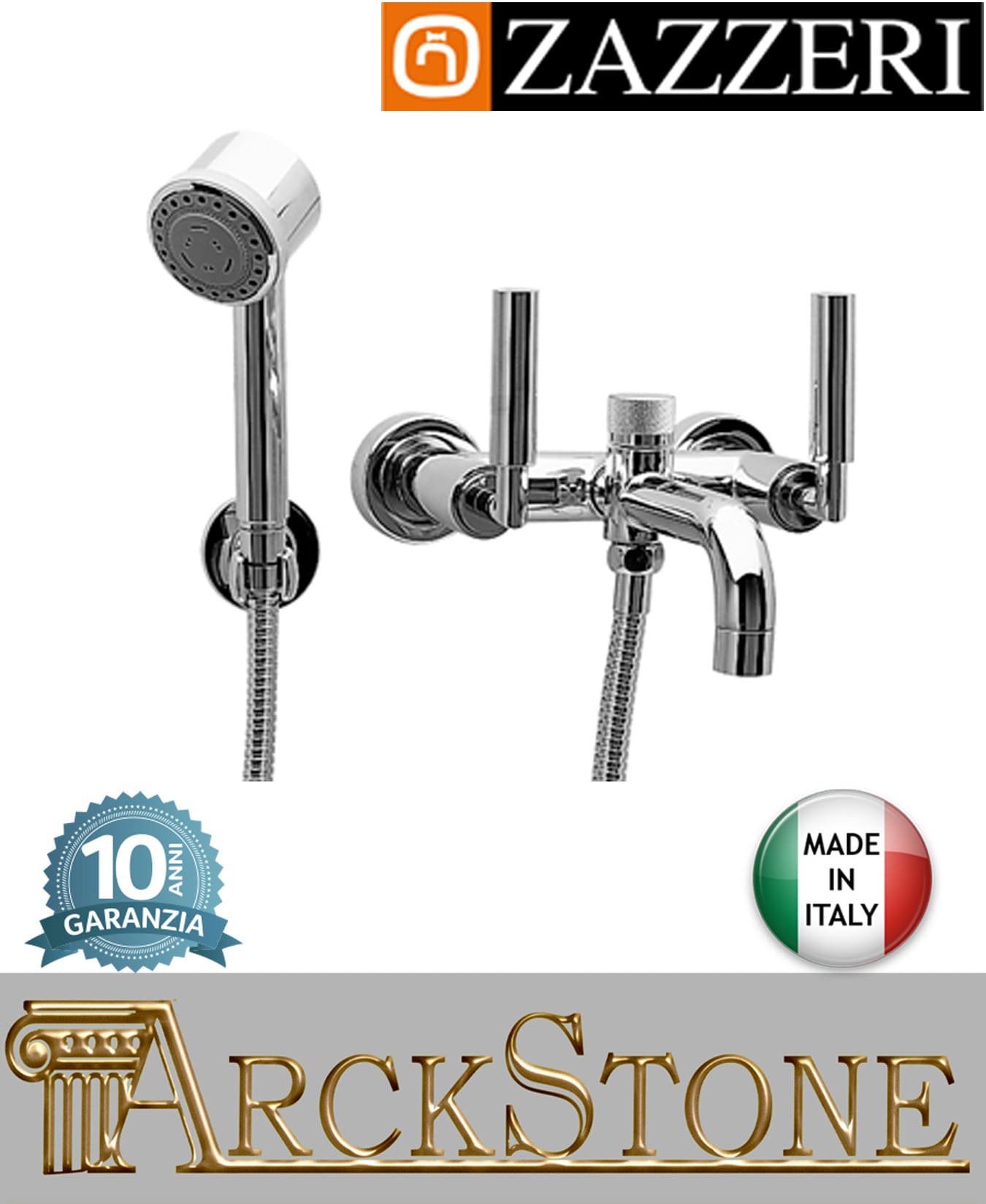 Miscelatore gruppo vasca marca Zazzeri modello Da-Da 3 finitura ottone cromato parete esterno vitone ceramico 90° doccetta multifunzione flessibile attacco muro arredo bagno rubinetteria garanzia 10 anni qualità made in italy