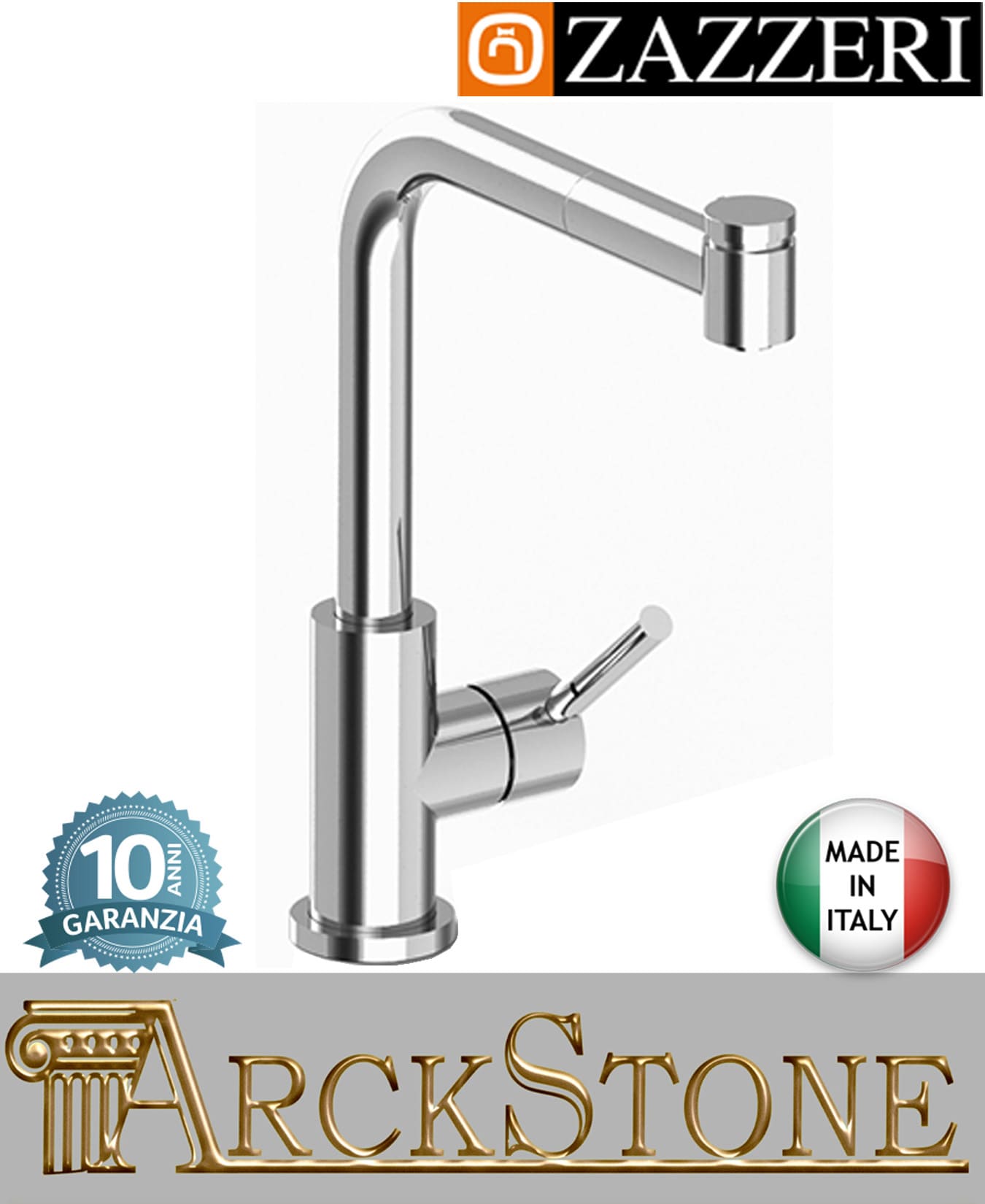 Miscelatore lavello marca Zazzeri modello Da-Da 7 Mono finitura ottone cromato appoggio monoforo collo girevole doccetta estraibile arredamento arredo casa azienda certificata garanzia 10 anni qualità made in italy