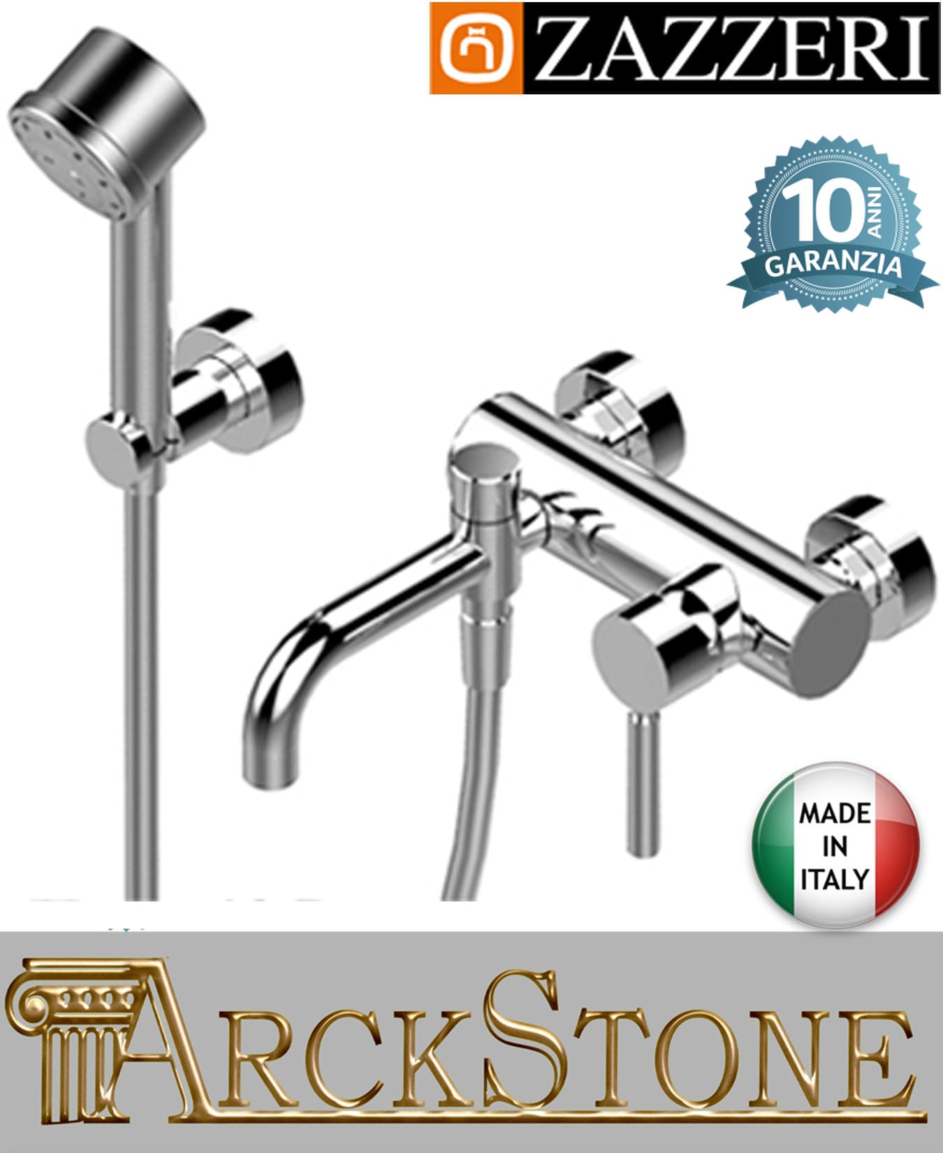 Miscelatore vasca marca Zazzeri modello Da-Da 7 Mono finitura ottone cromato parete esterno doccetta multifunzione flessibile attacco muro arredo bagno casa azienda certificata garanzia 10 anni qualità made in italy