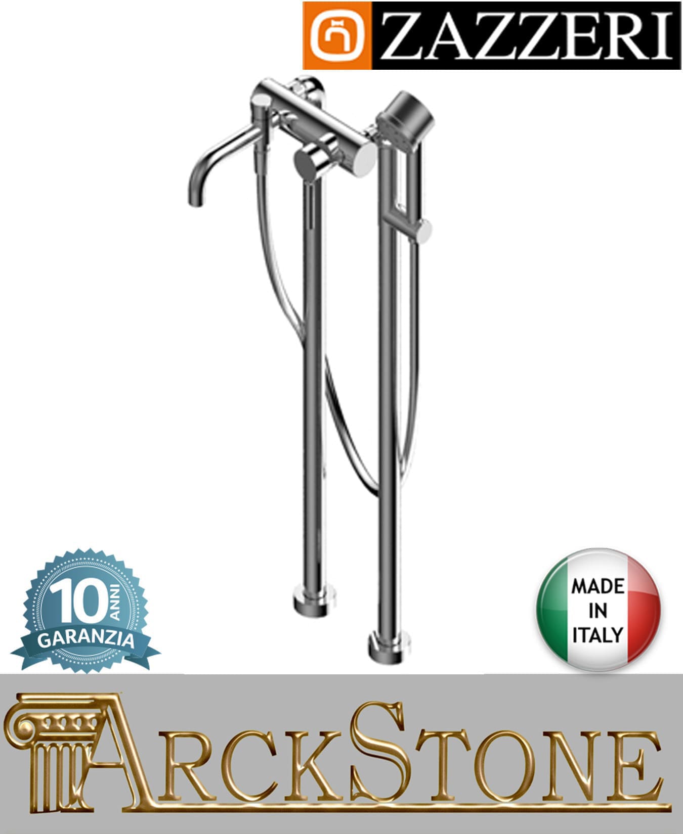 Miscelatore vasca marca Zazzeri modello Da-Da 7 Mono finitura ottone cromato terra esterno doccetta multifunzione flessibile pavimento tubi arredamento casa arredo bagno azienda garanzia 10 anni qualità made in ital