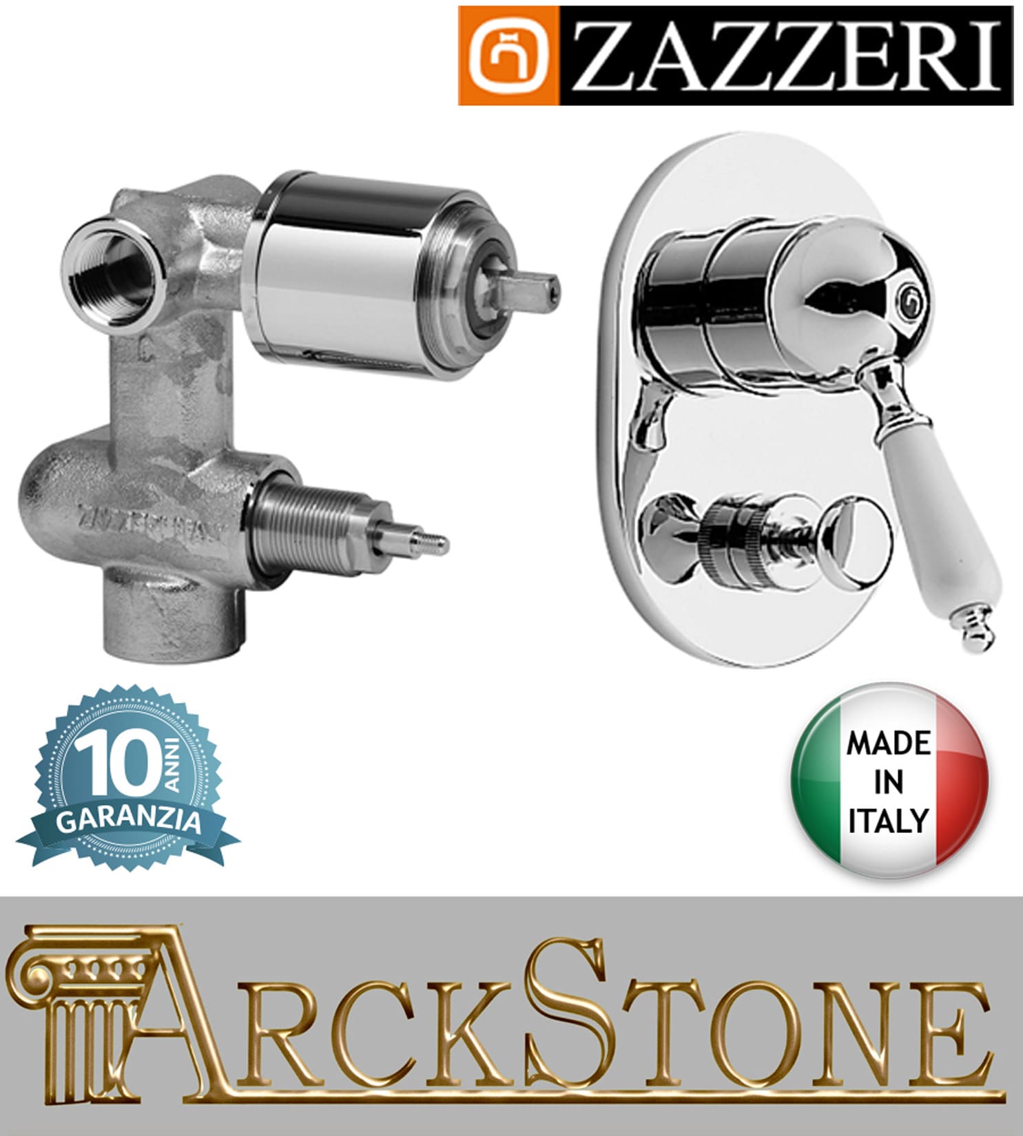 Miscelatore Meccanico Doccia Marca Zazzeri modello Kent completo Parte Interna Esterna finitura ottone cromato incasso parete Con Deviatore Due Vie garanzia 10 anni azienda certificata made in italy