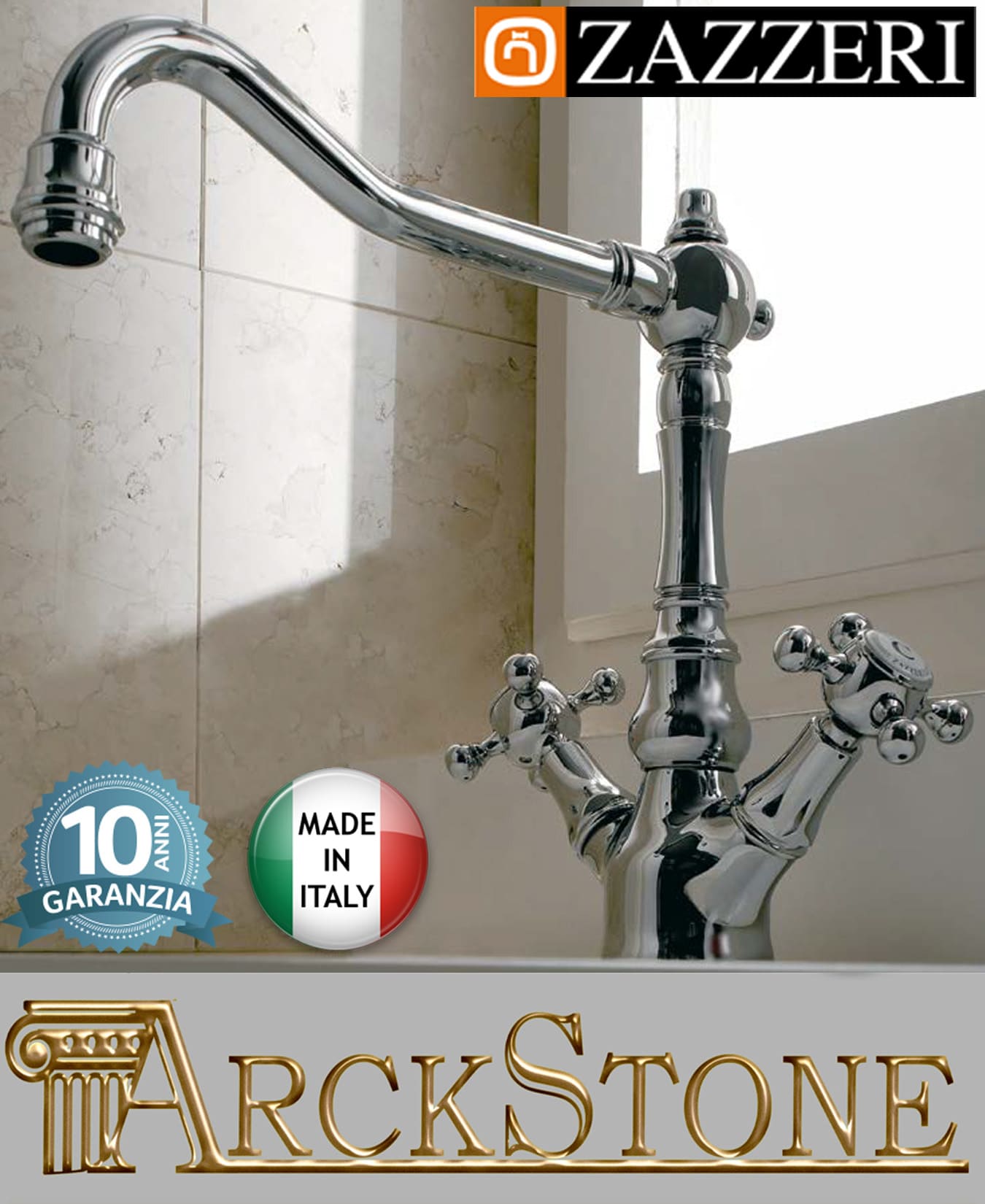 Miscelatore lavello marca Zazzeri modello Kent finitura ottone cromato appoggio collo girevole monoforo fontana acqua vitone tradizionale arredamento casa arredo cucina acqua rubinetteria rubinetto garanzia 10 anni qualità made in italy