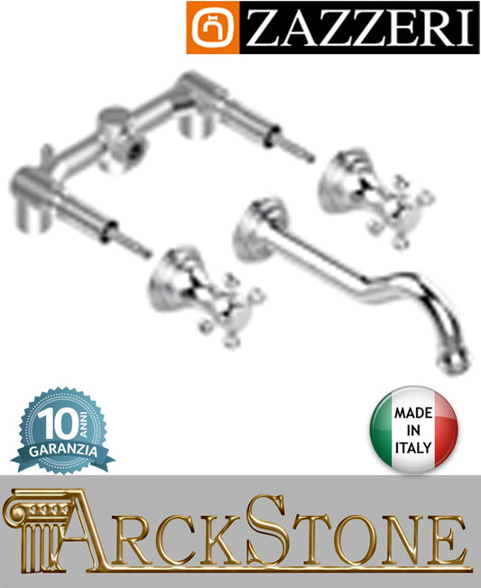 Miscelatore lavabo marca Zazzeri modello Kent 2 finitura ottone cromato vitone ceramico 180° 3 tre fori incasso parete batteria classico arredo bagno Getto 230 mm completo Parete Incasso Esterna garanzia 10 anni made in italy