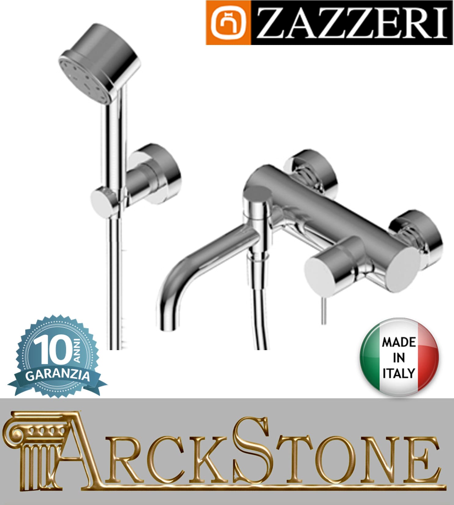 Miscelatore vasca marca Zazzeri modello Modo 7 finitura ottone cromato parete esterno doccetta multifunzione attacco muro flessibile acqua arredamento casa arredo bagno garanzia 10 anni qualità made in italy