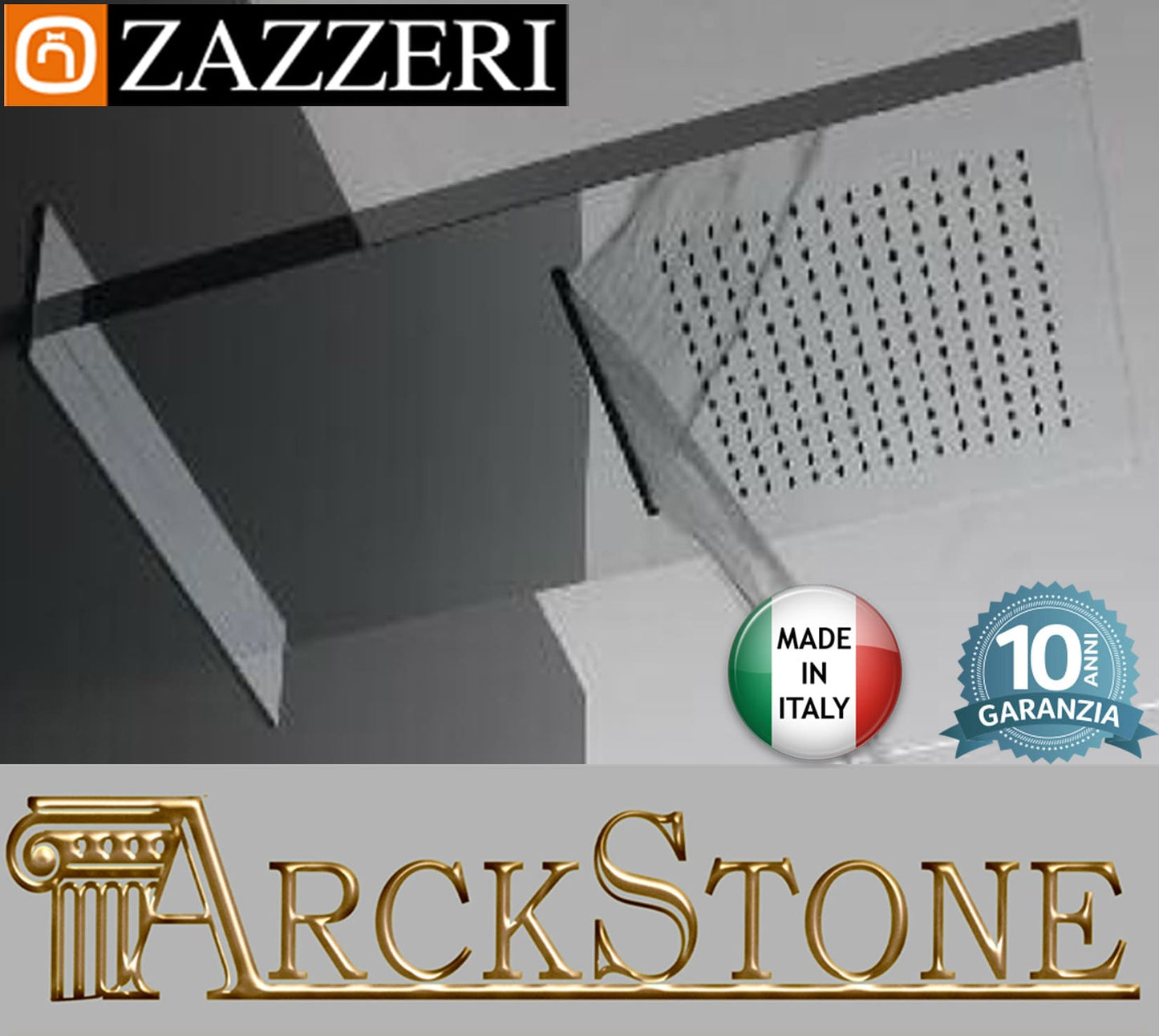 Soffione Doccia a Mensola Acciaio Marca Zazzeri Modello Shirò Cascata Pioggia Incasso Finitura Inox Spazzolato Parete Muro 592x350 mm Anticalcare Ispezionabile Arredamento Bagno Garanzia 10 Anni qualità made in italy