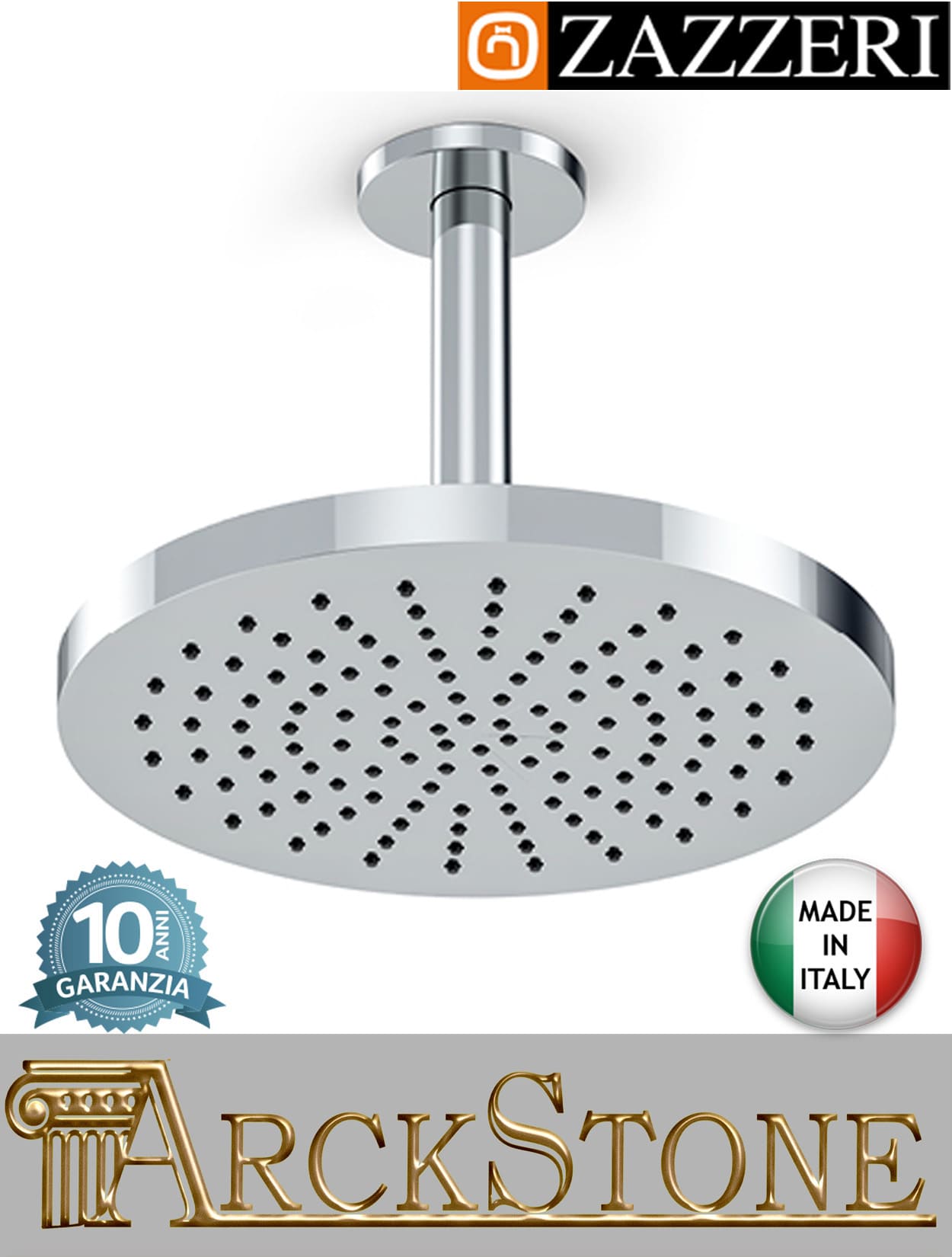 Braccio doccia Ø20 L100 mm soffione Ø200 mm marca Zazzeri modello Ultra finitura ABS cromato soffitto arredo bagno tondo rubinetteria acqua casa home cromo azienda certificata garanzia 10 anni qualità made in italy 