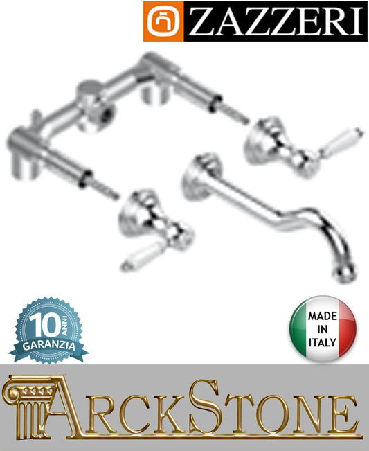 Miscelatore lavabo marca Zazzeri modello Kent 3 finitura ottone cromato tre 3 fori incasso parete muro vitone ceramico 90° Getto 230 mm 10 anni qualità made in italy